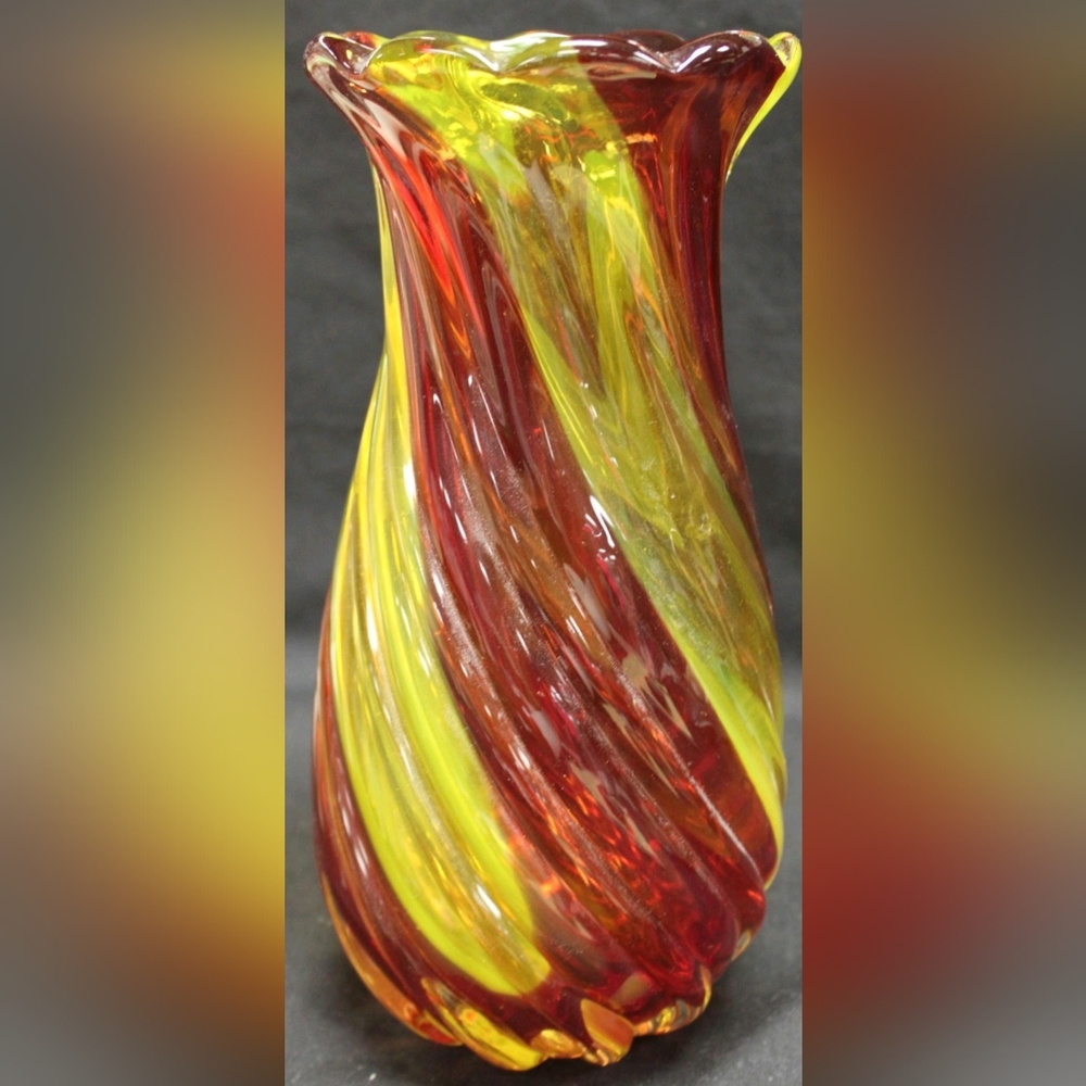 Vintage Handblown Yellow and Cranberry Swirl Vase